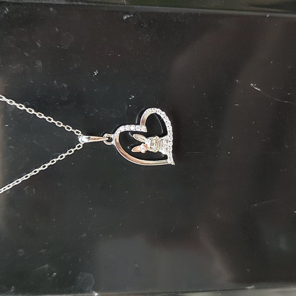 925 stamped heart necklace with bunny and rose gold flower on bunny ear